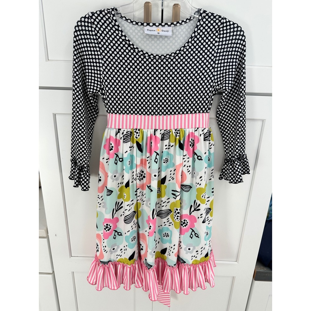 Oopsie Daisy Girls Black White Polka Dot Floral Dress Size 10 Long Sleeve Ruffle